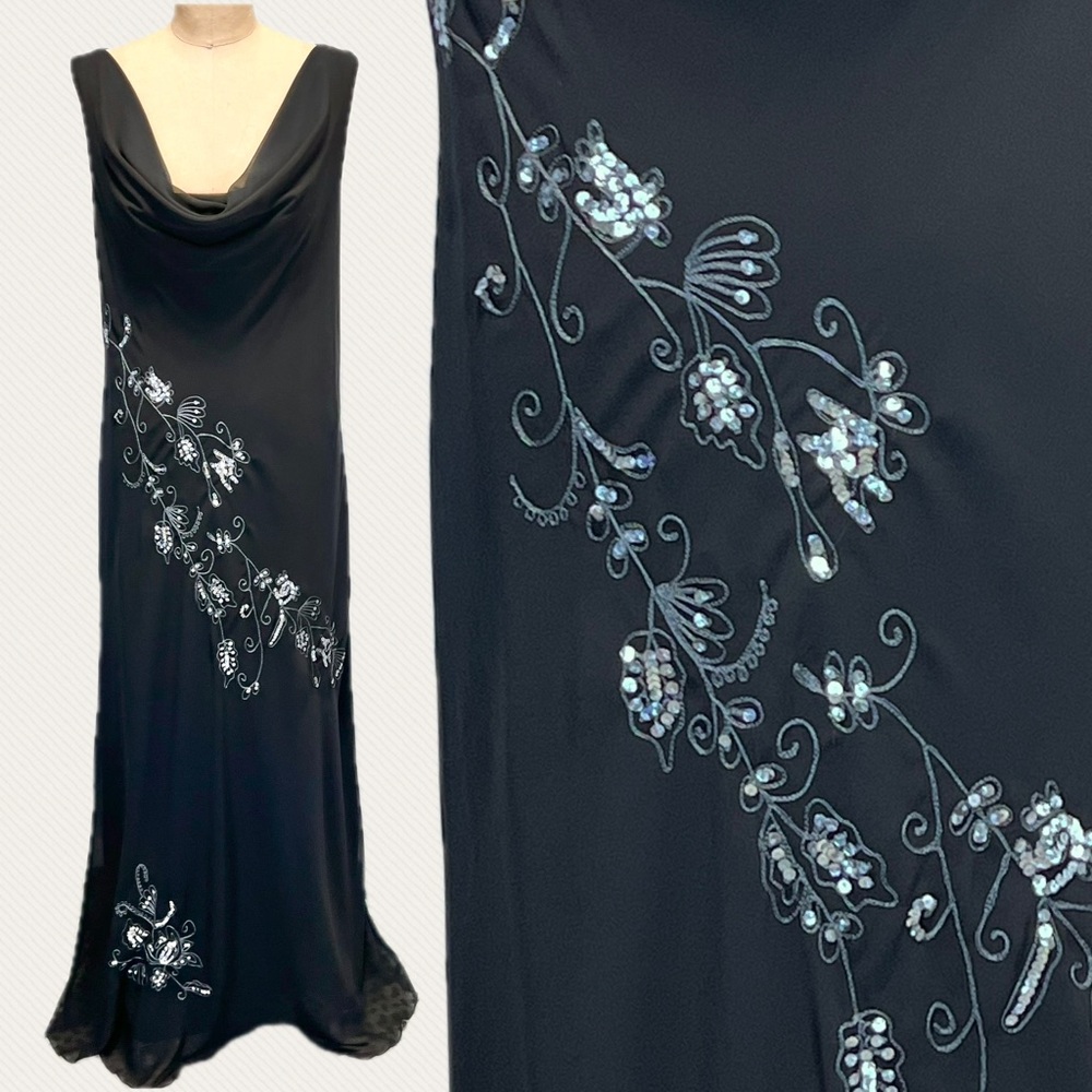 Climbing vine‎ flower dress sleeveless draped cowl neck long maxi sequin sparkle